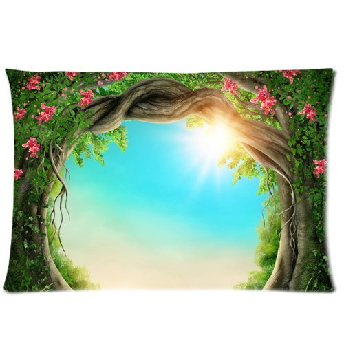 ZKGK Spring Forest Tree Flower Beach Pillowcase Standard Size 20 x 30 Inches for Couch Bed,Enchanted Dark Forest at The Spring Blue Sea Pillow Cases Cover Set Pet Shams Decorative